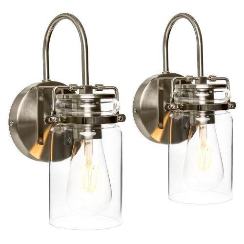 Set of 2 Industrial Metal Hardwire Wall Light Lamp Sconces w/ Clear Glass Jar Shade - Silver - Lot 251
