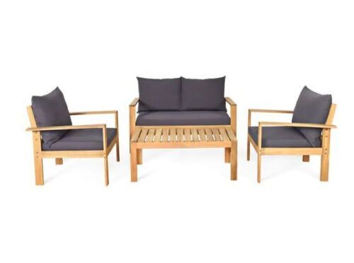 Natural 4-Piece Acacia Wood Patio Conversation Set Loveseat Sofa with Dark Gray Cushions - Lot 486
