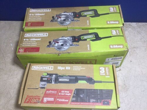 Lot of (2) Rockwell 4.5" Compact Circular Saw & (1) Rockwell Ocillating Tool 10 pc Kit  - Lot 637
