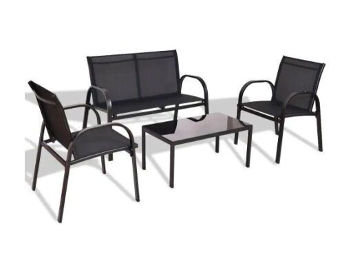 Black 4-Piece Metal Patio Conversation Set with Glass Top Coffee Table - Lot 639