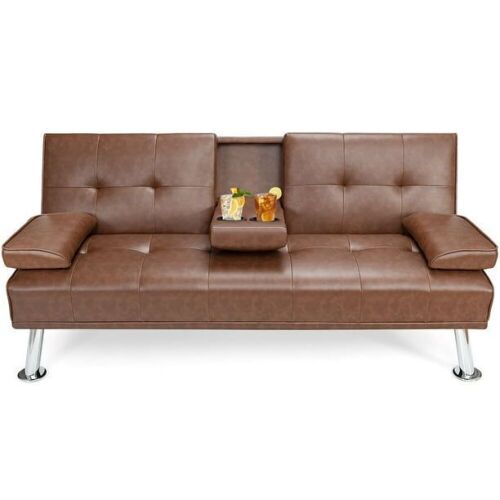 Convertible Folding Futon Sofa Bed Leather w/Cup Holders & Armrests - Lot 760