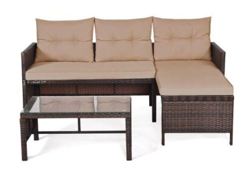 3-Pieces Rattan Wicker Outdoor Patio Sofa Set with Cushions Beige - Lot 780