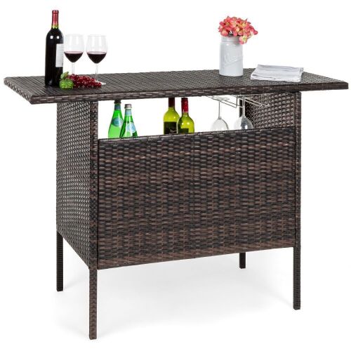 Outdoor Wicker Bar Counter Table w/ 2 Steel Shelves, 2 Rails - Lot 835