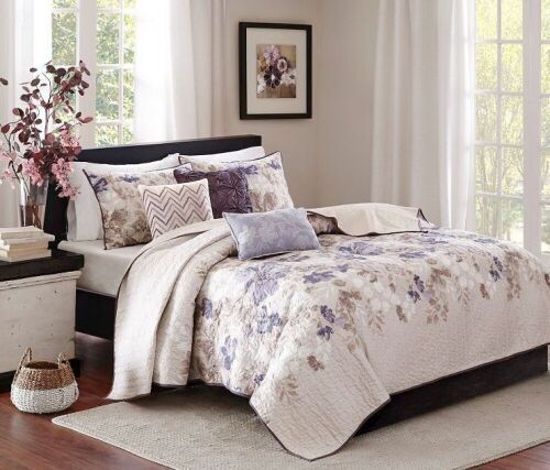 Madison Park Luna 6 Piece Quilted Coverlet Set, Full/Queen & (2) Faux Silk Blackout Curtains, Navy, 37" x 18"  - Lot 732