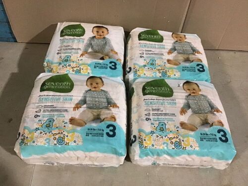 Lot of (4) Seventh Generation Free & Clear Sensitive Skin Baby Diapers, Size 3, 31 ct  - Lot 445