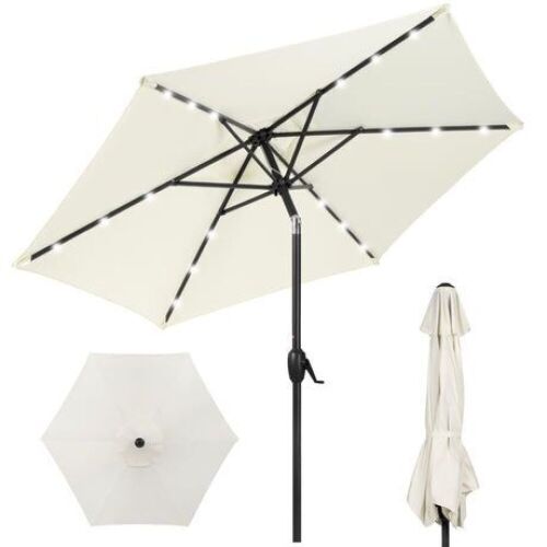 Outdoor Solar Patio Umbrella w/ Push Button Tilt, Crank Lift - 7.5ft - Lot 656