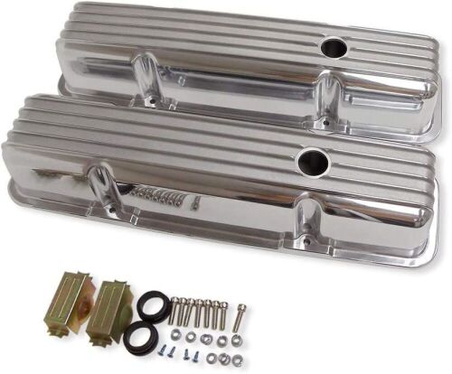 DEMOTOR PERFORMANCE Finned Tall Polished Aluminum Valve Covers with Holes for SBC Small Block Chevy 283 - Lot 777