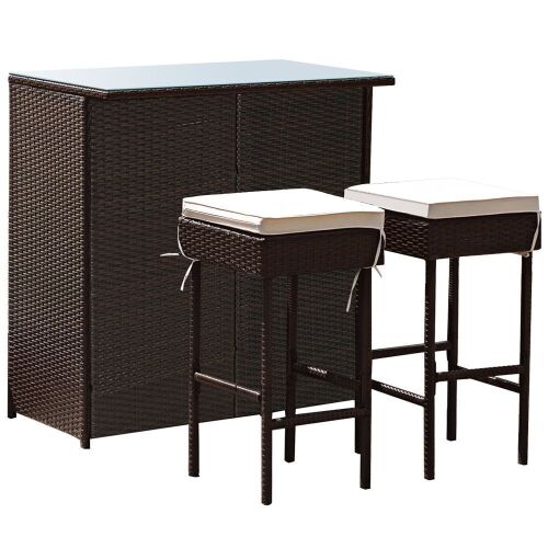 3PCS Patio Rattan Wicker Bar Table Stools Dining Set Cushioned Chairs  - Lot 105