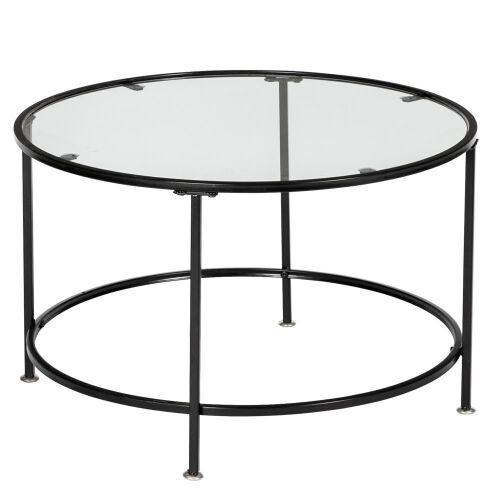 HODELY 26" Round Glass Coffee Table with Black Iron Frame - Lot 736