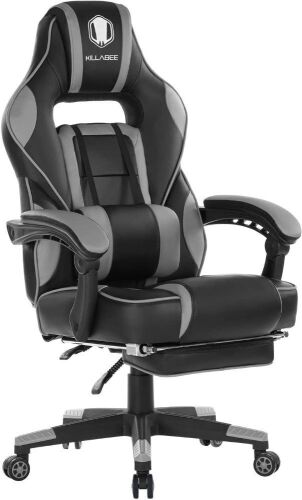 KILLABEE Racing Style Gaming Chair High Back Swivel Recliner with Retractable Footrest and Adjustable Lumbar Support, Gray/Black  - Lot 464