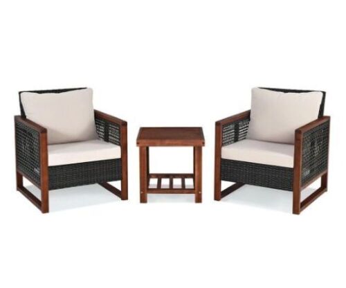3PCS Patio Wicker Furniture Set Solid Wood Frame  - Lot 85