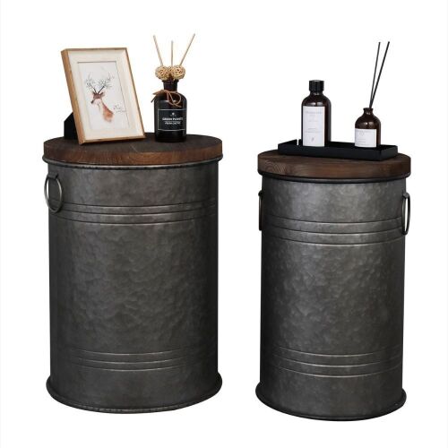 VINGLI 2pcs Rustic Galvanized Metal Ottoman Storage Side Table Bins with Round Wooden Lid  - Lot 303