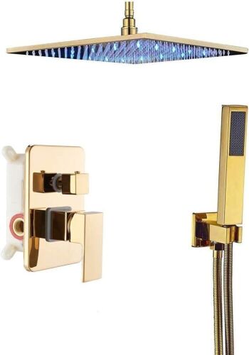 Rozin Gold 16 Inch Ceiling Mounted Shower System Rain Mixer Shower Combo Set Rainfall Shower Head System  - Lot 642