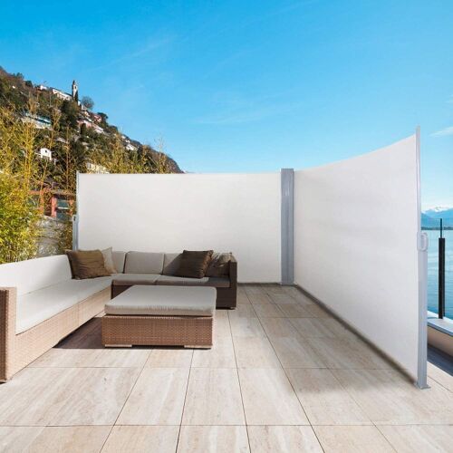 Sunseen Double Side Awning Retractable Patio Folding Screen Privacy Wall Corner Divider with Steel Pole (L 236” x H 63”, Beige)  - Lot 218