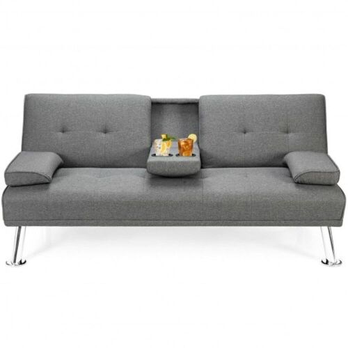 Convertible Folding Fabric Futon Sofa Bed with 2 Cup Holders - Lot 728