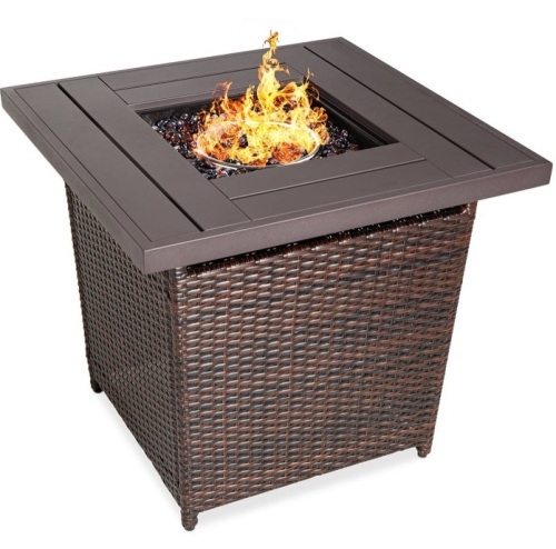 28in Fire Pit Table 50,000 BTU Wicker Propane w/ Faux Wood Tabletop, Cover, Brown, Water Damaged Box, E-Commerce Return/Appears New - Lot 117