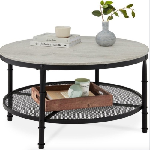 2-Tier Round Industrial Wood & Steel Coffee Table, Storage Shelves - 35.5in, Gray - Lot 151