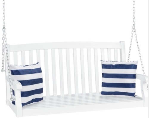 Wooden Curved Back Hanging Porch Swing Bench w/ Mounting Chains - 48in, White - Lot 159
