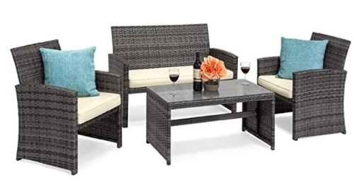 4-Piece Wicker Patio Furniture Set w/ 4 Seats, Tempered Glass Table Top - Gray Wicker/Cream Cushions - Lot 321