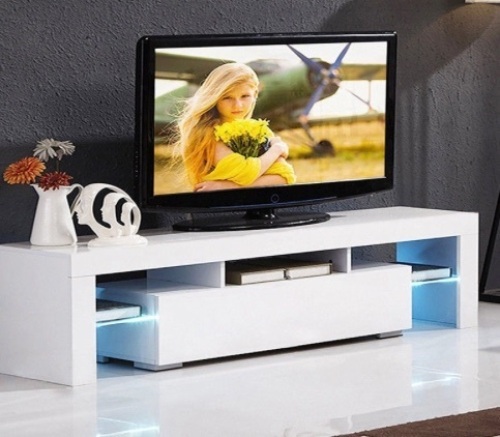 Entertainment Center with LED Shelf and Drawers, White - Lot 479