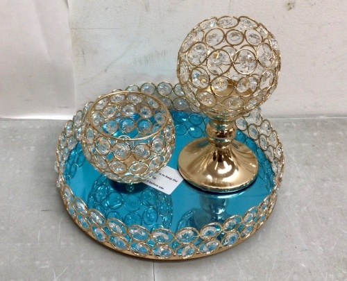 Gold Acrylic Crystal Bowl, Platter, Pedestal Home Decor Set - Lot 359