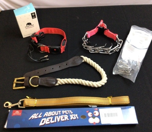 Bundle of Dog Items-Light Up Air Tag Collar, Training Collar, Leather/Rope Collar, Leash - Lot 456