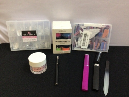 Bundle of Nail Supplies - 2 Cases of Nail Tips, Box of Nail Dips, 1 Container of Dip Powder & Brush, 2 Nail Files - Lot 179