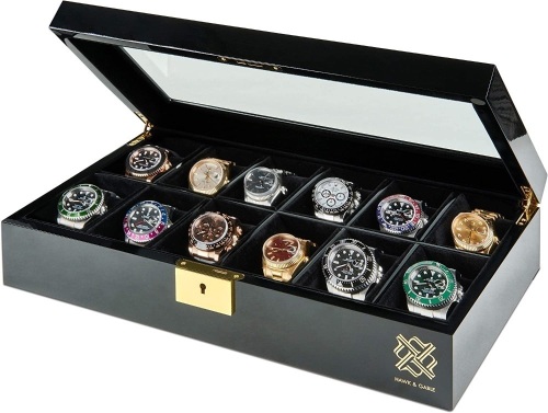 HAWK & GABLE Luxury 12 Slot Watch Box Organizer, Glass Display and Metal Lock - Lot 6607