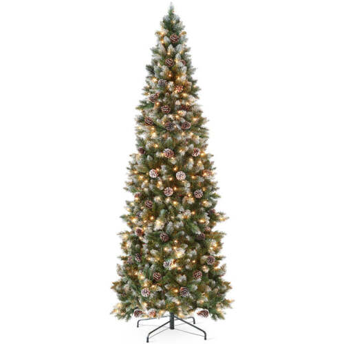Pre-Lit Partially Flocked Pencil Christmas Tree w/ Pine Cones, Metal Stand - Lot 6791