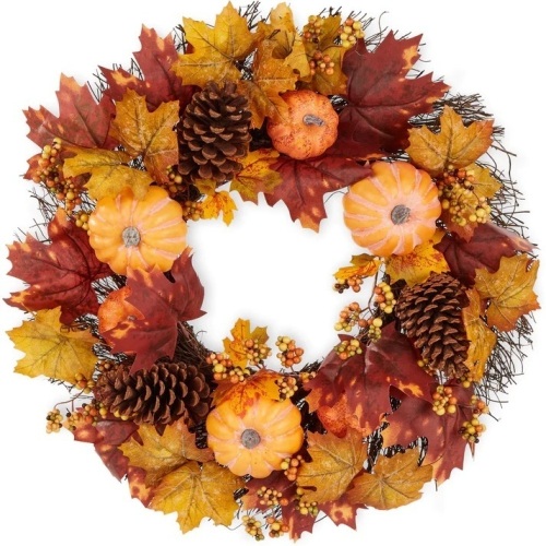 Artificial Fall Wreath, Autumn Thanksgiving Holiday Decoration - 24in - Lot 7213