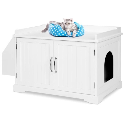 Large Wooden Cat Litter Box Enclosure & Storage Cabinet w/ Magazine Rack - Lot 7281