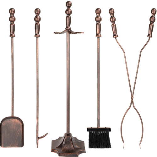 5-Piece Fireplace and Firepit Iron Tool Set w/ Tongs, Poker, Broom, Shovel, Stand - Copper - Lot 7277