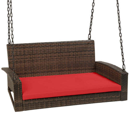 Woven Wicker Hanging Porch Swing Bench w/ Mounting Chains, Seat Cushion - Lot 7370