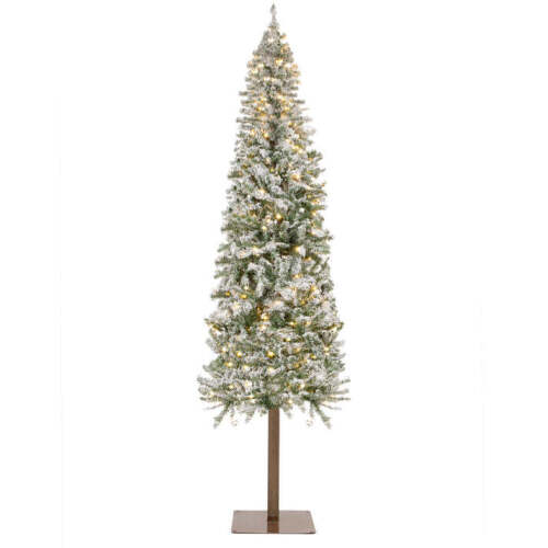 Pre-Lit Snow Flocked Alpine Slim Pencil Christmas Tree w/ LED Lights, Stand - Lot 7423