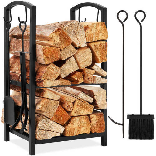5-Piece Firewood Log Rack Holder Tools Set w/ Hook, Broom, Shovel, Tongs - Lot 7430
