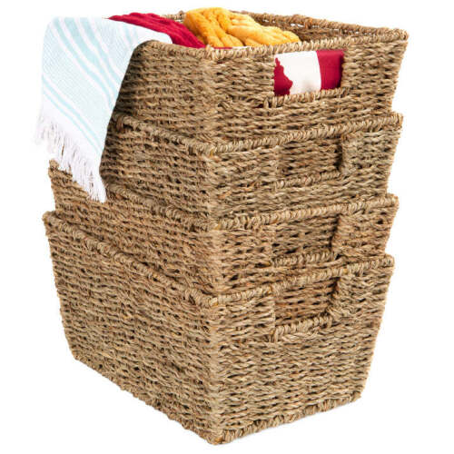 Set of 4 Seagrass Storage Tote Baskets, Laundry Organizer w/ Insert Handles - Lot 7325