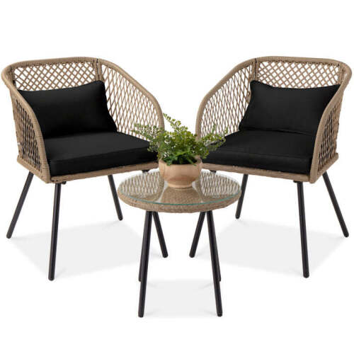 3-Piece Outdoor Diamond Weave Wicker Bistro Set w/ Tempered Glass Side Table - Lot 7331
