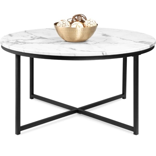 Round Coffee Table w/ Faux Marble Top, Metal Frame - 36in - Lot 7477