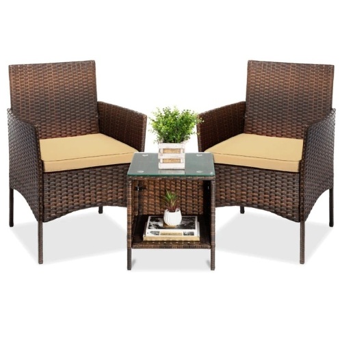 3-Piece Outdoor Patio Wicker Bistro Set w/ Side Storage Table - Lot 7503