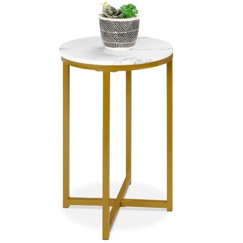 Round Coffee Side Table w/ Faux Marble Top, Metal Frame - 16in - Lot 7527