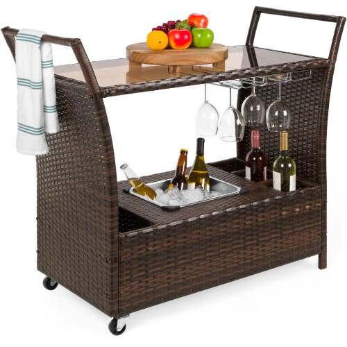 Wicker Serving Bar Cart w/ Wheels, Glass Counter, Ice Bucket - Lot 7555