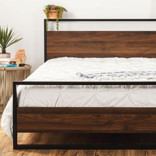 Metal Wood Platform Queen Bed Frame w/ Wooden Slats - Lot 55