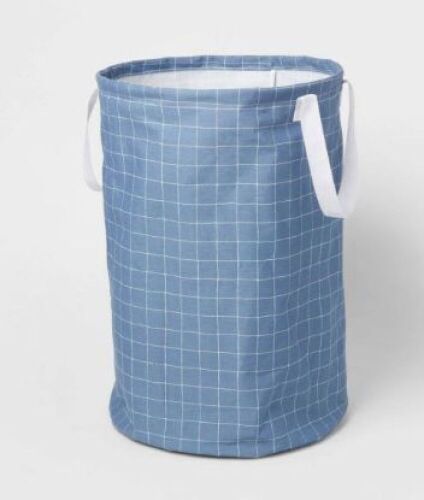 Scrunchable Round Laundry Hamper Blue Stitch Grid - Lot 684