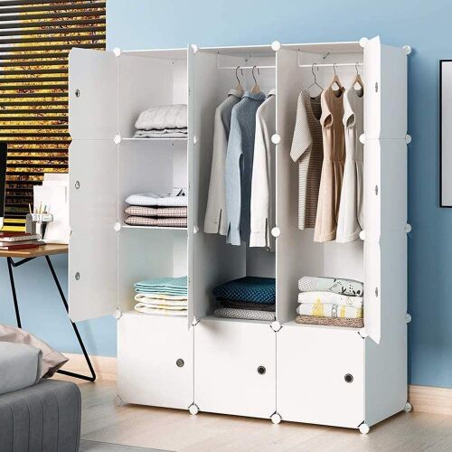 Aeitc Portable Wardrobe Closets 14"x18" Depth Cube Storage Organizer with Doors, 16 Cubes, White  - Lot 470