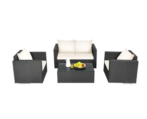 Lot of (2) Black 4-Piece Wicker Patio Conversation Set - One White, One Red Cushions - Extra 1/2 Box for White Set  - Lot 24