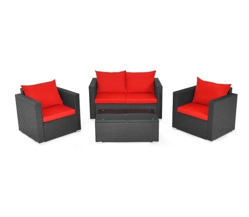 Black 4-Piece Wicker Patio Conversation Set with Red Cushions - Lot 592