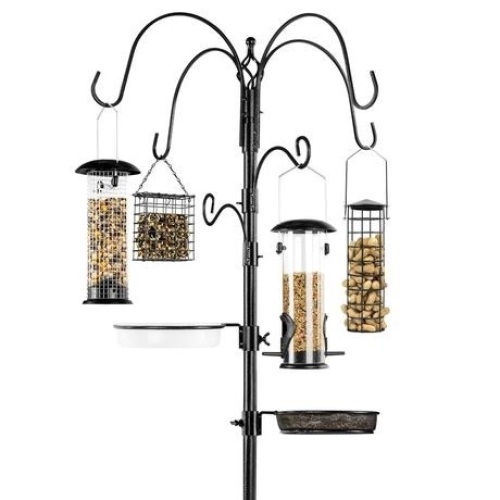 Bird Feeding Station, 6-Hook Steel Multi-Feeder Stand w/ 4 Feeders, 89" - Appears New  - Lot 912