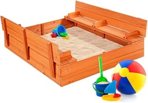 Cedar Wood Sandbox, 2 Foldable Bench Seats, Sand Protection, Bottom Liner, 47x47in - Appears New  - Lot 175