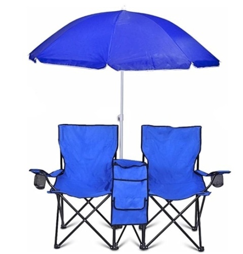 GoTeam Portable Double Folding Chair w/Removable Umbrella, Cooler Bag and Carry Case - Blue - Lot 256