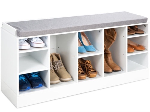 Shoe Storage Rack Bench w/ Padded Seat, 10 Cubbies - 46in, White - Lot 301